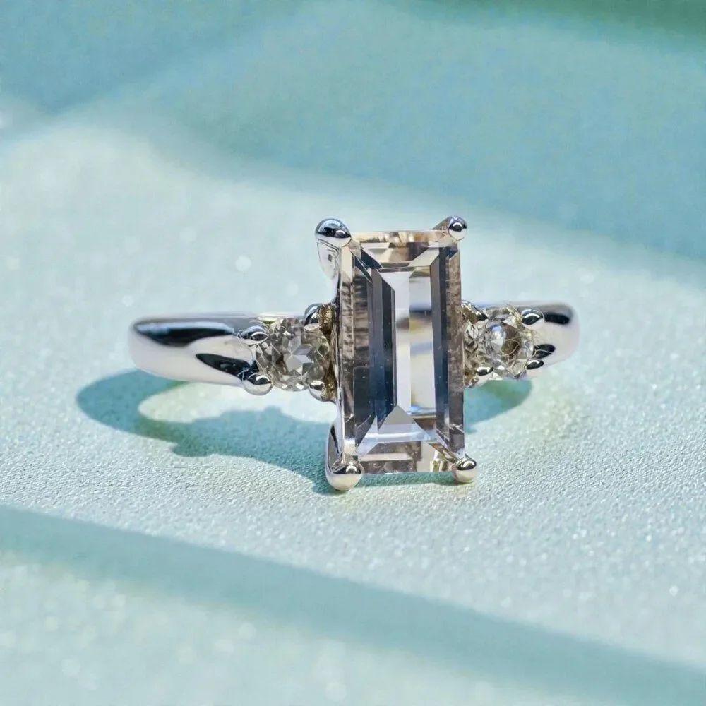 14K White Gold- Natural Peach Morganite Ring- 1CTTW -Size 7- Emerald Cut- 2.5g